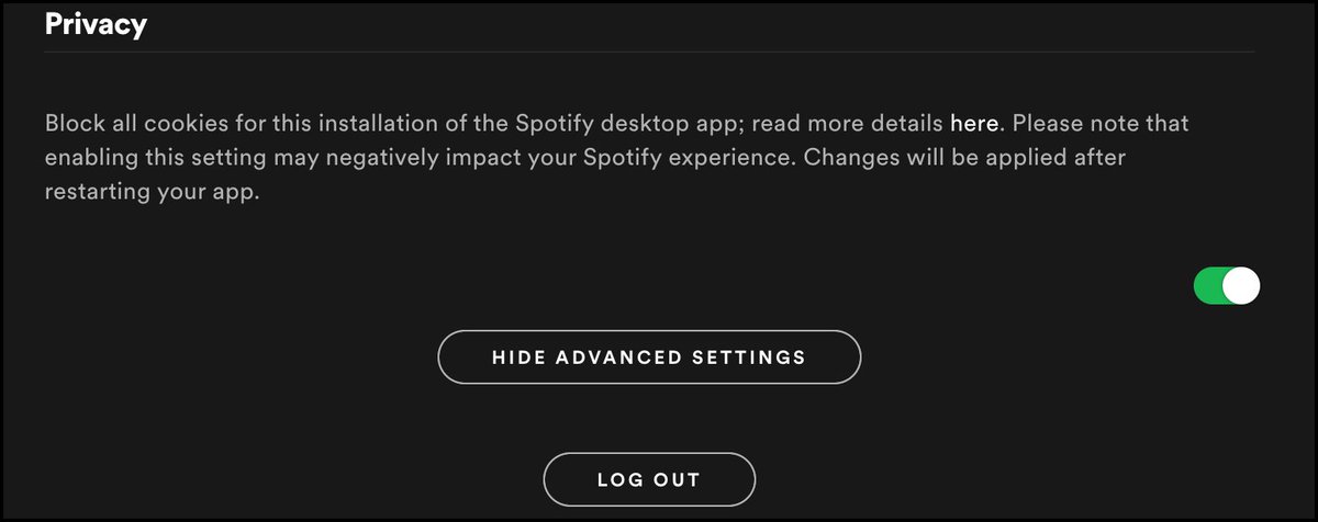 Slide the button to green to disable cookies. It's not clear what purpose this default setting serves. For example, the 'read more details here' takes you to the Spotify privacy policy that doesn't refer to desktop app but the Cookie policy does  https://spotify.com/us/legal/cookies-policy/… BUT BUT