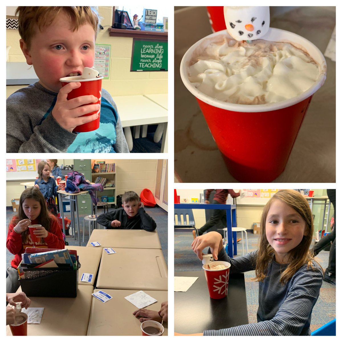 Students in #autisticsupport &amp; peer buddies made melting snowman hot cocoa treats for @MrsMartinelli4’s lucky 4th grade class today #HappyHillendale #followingdirections #sociallanguage    #HuskyCafe