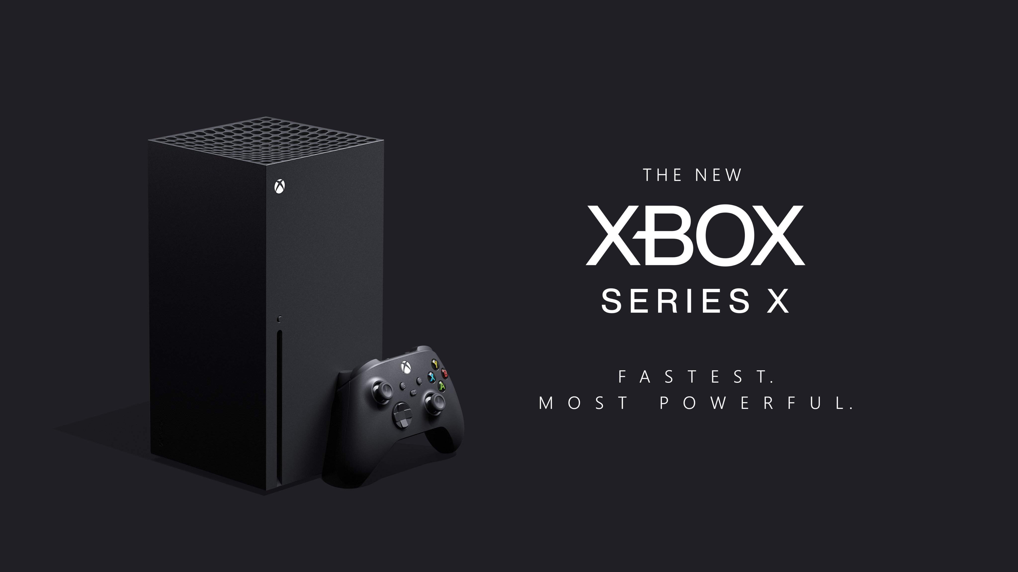 The Xbox Series X is on display in a plain, dark grey environment with a controller. Photo reads: THE NEW XBOX SERIES X. FASTEST. MOST POWERFUL.