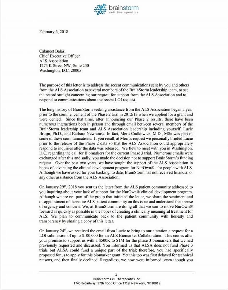 MinoShah's tweet photo. Let's be clear Lance. Brainstorm has repeatedly been denied financial support since prior to it's Phase 2 trial in 2012 to the present.
Attached letter from Brainstorm to Calaneet explains. https://t.co/kdKlAWyzPn