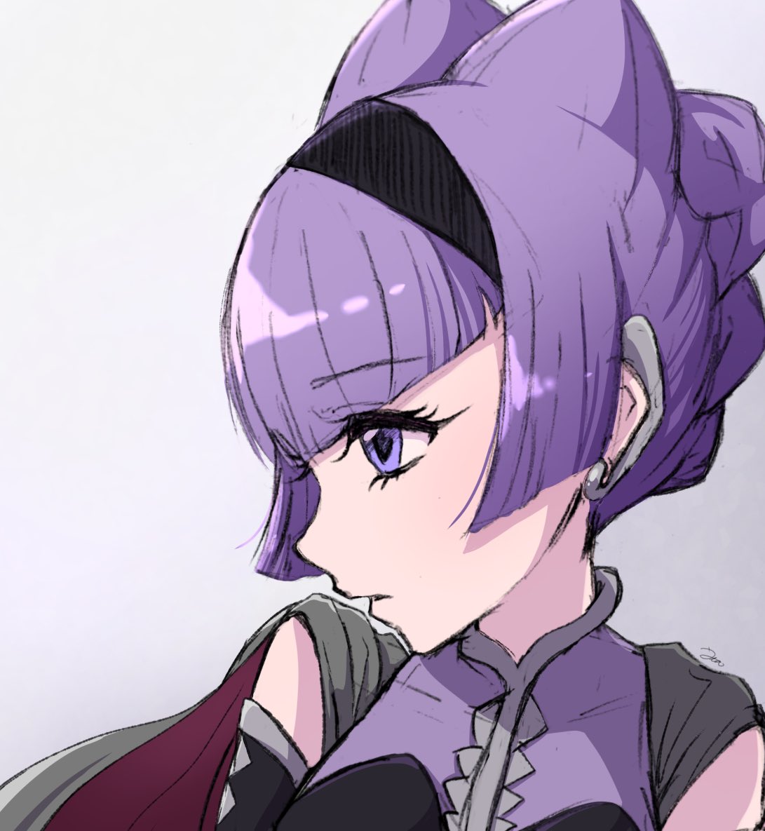 1girl solo purple hair purple eyes hair bun hairband black hairband  illustration images