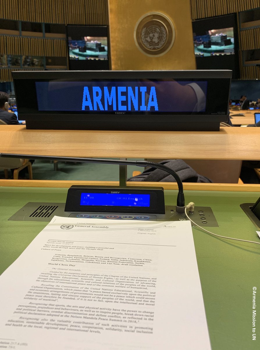 UNArmenia's tweet photo. โThe resolution #WorldChessDay โpresented by ๐ฆ๐ฒ#Armenia was adopted at ๐บ๐ณ#UNGA74 yesterday.
#Chess4Peace #ArmChess #Chess4SDGs https://t.co/v9HvYQmJYY