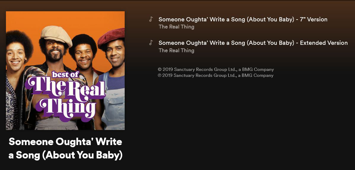 Have you heard our new single? ★ Listen now to ‘Someone Oughta Write A Song (About You Baby)’ on Spotify: open.spotify.com/album/3ZXg8Jab…  ★ Add it to your playlist today!

#TheRealThing #SomeoneOughtaWriteASong #spotify #nowplaying #playlist