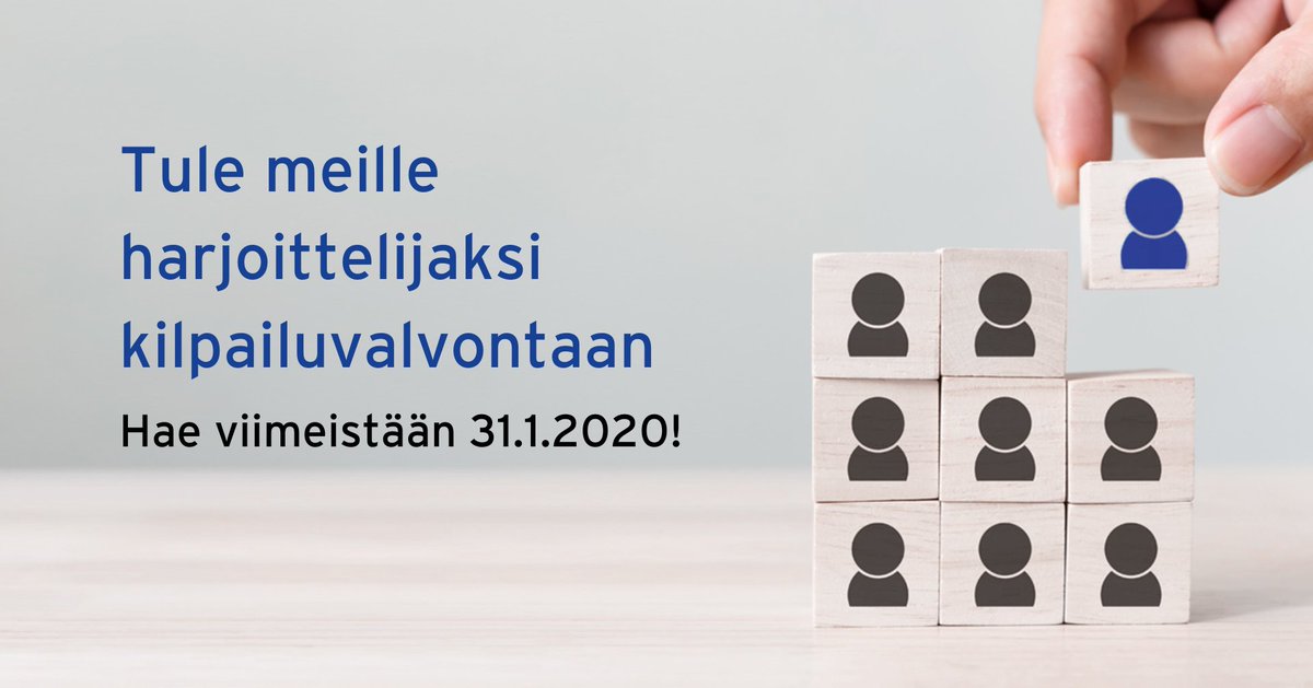Haemme kilpailuoikeudesta tai kilpailun taloustieteestä innostuneita harjoittelijoita ensi kesäksi ja syksyksi. #Harjoittelu’ssa pääset työskentelemään kilpailunrajoitusten tutkinnan ja yrityskauppavalvonnan parissa. Hakuaika päättyy 31.1. valtiolle.fi/fi-FI/ilmoitus… #valtiollefi