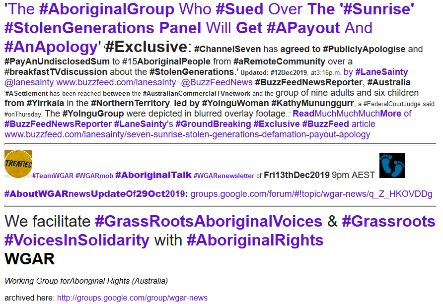 WgarNews's tweet photo. #GoodNewsStory: 'The #AboriginalGroup Who #Sued Over The '#Sunrise' #StolenGenerations Panel Will Get #APayout And #AnApology' https://t.co/vKwhuEgC7P by #LaneSainty @lanesainty #BuzzFeedNews @BuzzFeedNewsAus #WGARenewsletter #GoodNewsStories 13thDec2019 https://t.co/dQ0l5kUWr3 https://t.co/q4tgdCkA8F