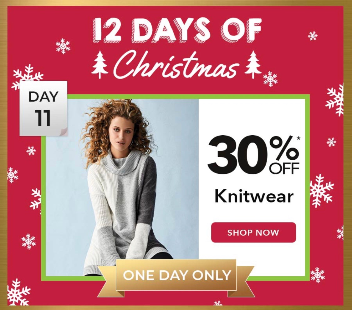 jemmaknight's tweet photo. Day 11 
30% off selected mens and women’s knitwear*
ONE DAY ONLY 
*t&amp;c apply 
#peacocks #peacockssheerness https://t.co/yOF0CtQjEi
