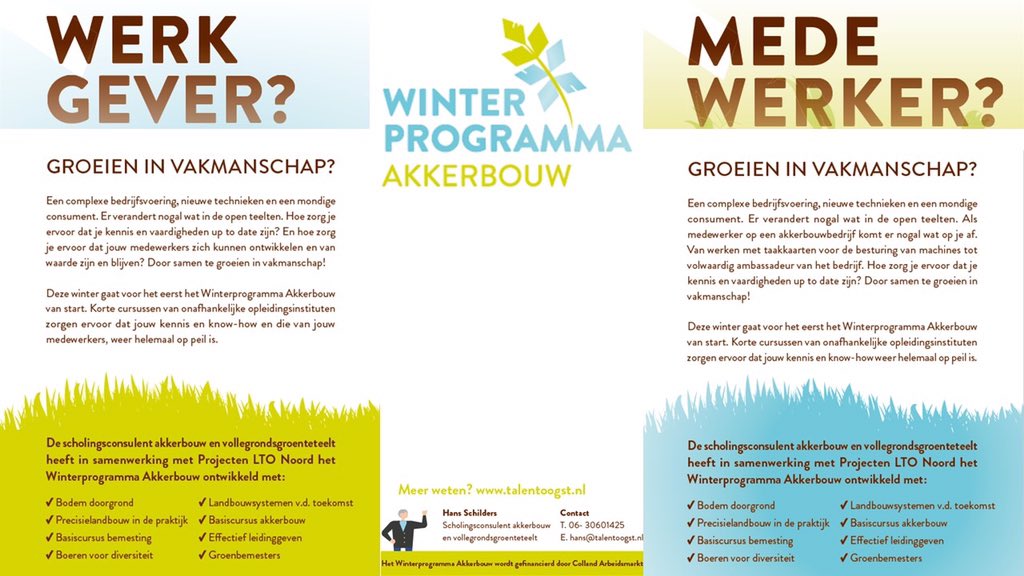 KlaasSchenk1's tweet photo. Hé werkgever of werknemer in de #akkerbouw of #vollegrond !! Wil je deze winter je kennis vergroten? Check dan het aanbod op https://t.co/W0aFPkQUKk van het winterprogramma. Voor een kleine eigen bijdrage een cursus verzorgt door #AeresTrainingCentre of #WUR. #colland. #lto https://t.co/zaqlsNRIux