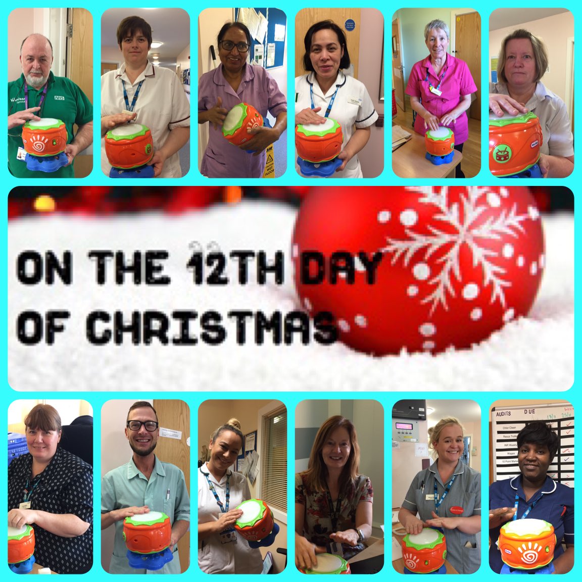 12 drummers drumming 🥁 12 different careers at HBCH. 12 fabulous staff who make East Ward the fabulous team it is. Who do you recognise? #dreamteam #12tweetsofchristmas @LPTnhs @dona_perkins @CHSInpatientLPT @sj_latham @evingtonmatron @NikkiBeacher @OTRuthGarner @helebriggs
