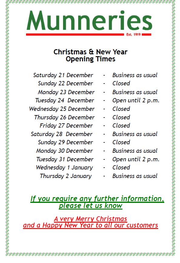 Munneries's tweet photo. Munneries Christmas Openning Hours for Retail and Wholesale 2019. Wishing all of our customers a very Happy Christmas! https://t.co/MBJThx7ZO3