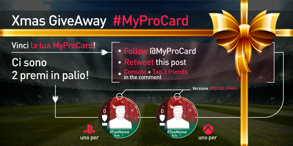 È tempo di GIVEAWAY 💣
In palio 2 #MyProCard, una per console! 
Partecipare è semplice!
🔸Segui @myprocard
🔸Retweetta questo tweet
🔸Commenta sotto questo post scrivendo la tua console e taggando 3 amici

Mercoledì 1⃣8⃣ sveleremo i vincitori!🎉

Pronti a sfidare la sorte? 💣💥