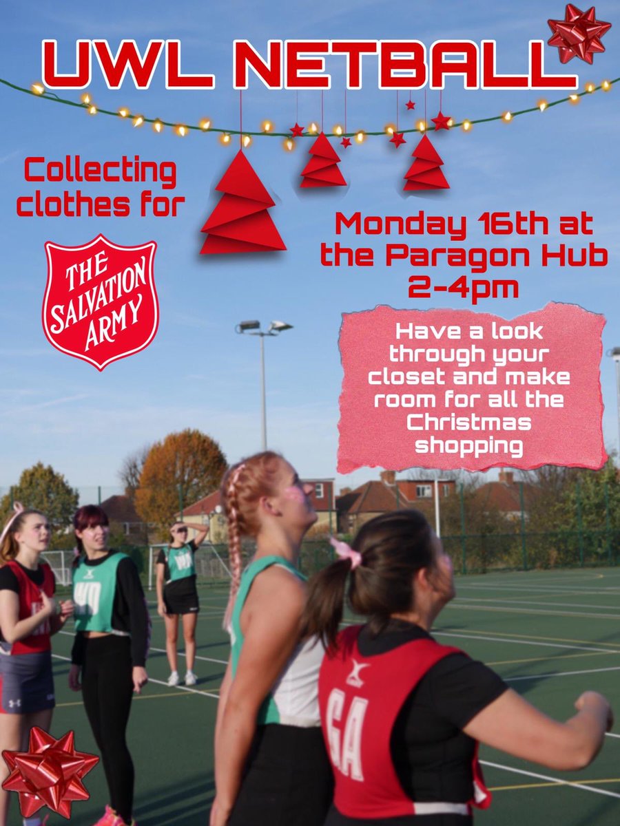 UWLNetballTeam's tweet photo. Do you have too many clothes in your wardrobe? Looking to make space for all the Boxing Day deals? Then why don’t you bring your clothes to us to donate to the less fortunate!!❄️☃️✨ 2-4 @ paragon ❗️THIS MONDAY❗️#salvationarmy #donate #clothes #ealinggirlies #togetherwefly https://t.co/P7vjSbQ5ZY