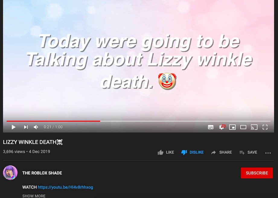 Simpiy Pa Twitter I Saw This Rancid Video On Youtube Lizzy Winkles Death Is A Tragedy And I Dont See The Point In This Clowning Or Mocking Someone For Dying Of - lizzy died roblox