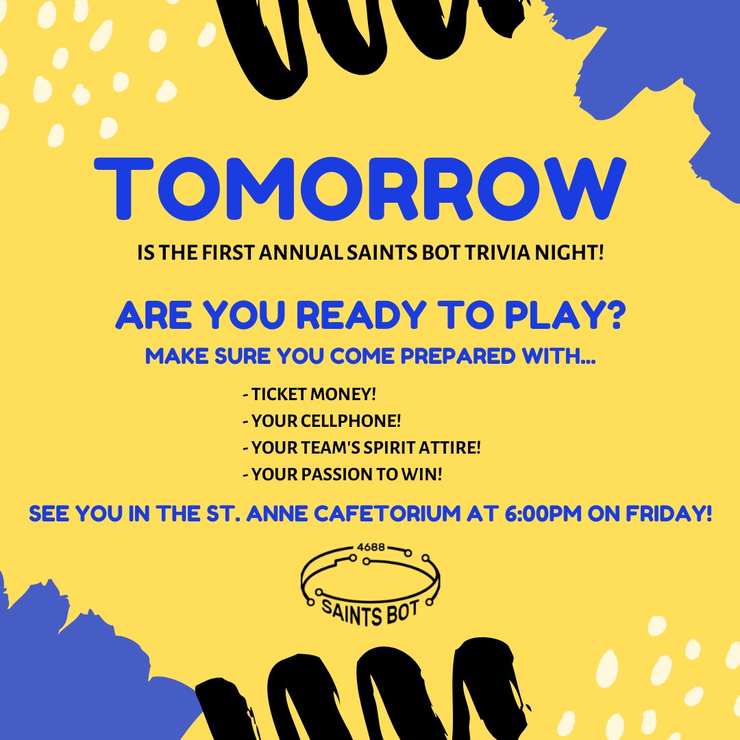Saints Bot 4688 (@frc4688) on Twitter photo Hey Windsor-Essex FIRST Community! Are YOU ready for the Saints Bot Trivia Night? See you tomorrow!💛💙<a href="/FIRSTRoboticsWE/">Windsor Essex FIRST</a> Hey Windsor-Essex FIRST Community! Are YOU ready for the Saints Bot Trivia Night? See you tomorrow!💛💙<a href="/FIRSTRoboticsWE/">Windsor Essex FIRST</a>