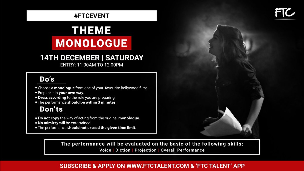 FTCTalent's tweet photo. #FTC is calling out to the #talents for a unique contest on #MONOLOGUE
Web: https://t.co/wRCS2QJSl1
#FTCEvent #FTCTalent #MonologueEvent #FTCCasting #Contest #ContestAlert #FridayFeeling #FridayThoughts https://t.co/JJYVEnpCoq