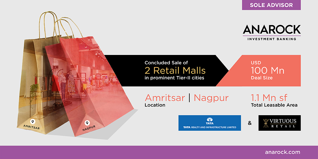ShobhitPEMind's tweet photo. Congratulations to our clients Tata Realty and Infrastructure Ltd. (TRIL) and #VirtuousRetail for the transaction of two retail malls in Amritsar & Nagpur
#ANAROCKCapital is proud to be associated as Sole Advisor for this deal.
#ANAROCK #realestatenews #realestate https://t.co/TLHVQH1859
