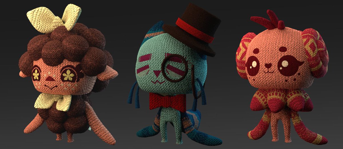 Ringarune's tweet photo. Character Models I made for my final game dev project, knit texture was very fun to work with 💖💖💖 Semester is over so I can finally take a break lol ;;;w;;; #gameart #3dart #3dmodeling #gamedev #characterdesign https://t.co/nsjvJp09E2