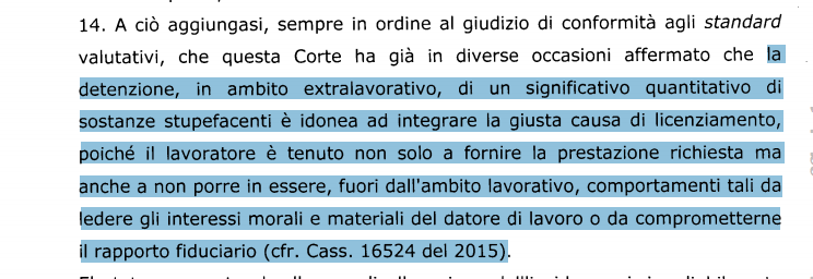 MicheTiraboschi's tweet photo. #DirLav2019 Corte di Cassazione, sentenza n. 31531/2019:
la detenzione, in ambito extralavorativo, di un significativo quantitativo di sostanze stupefacenti è idonea ad integrare la giusta causa di licenziamento https://t.co/CFNtlMZHLn https://t.co/ikPDKeVbo1
