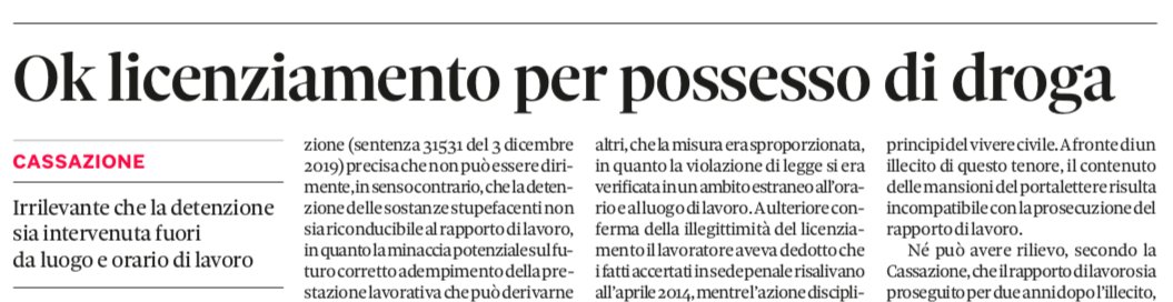 MicheTiraboschi's tweet photo. #DirLav2019 Corte di Cassazione, sentenza n. 31531/2019:
la detenzione, in ambito extralavorativo, di un significativo quantitativo di sostanze stupefacenti è idonea ad integrare la giusta causa di licenziamento https://t.co/CFNtlMZHLn https://t.co/ikPDKeVbo1