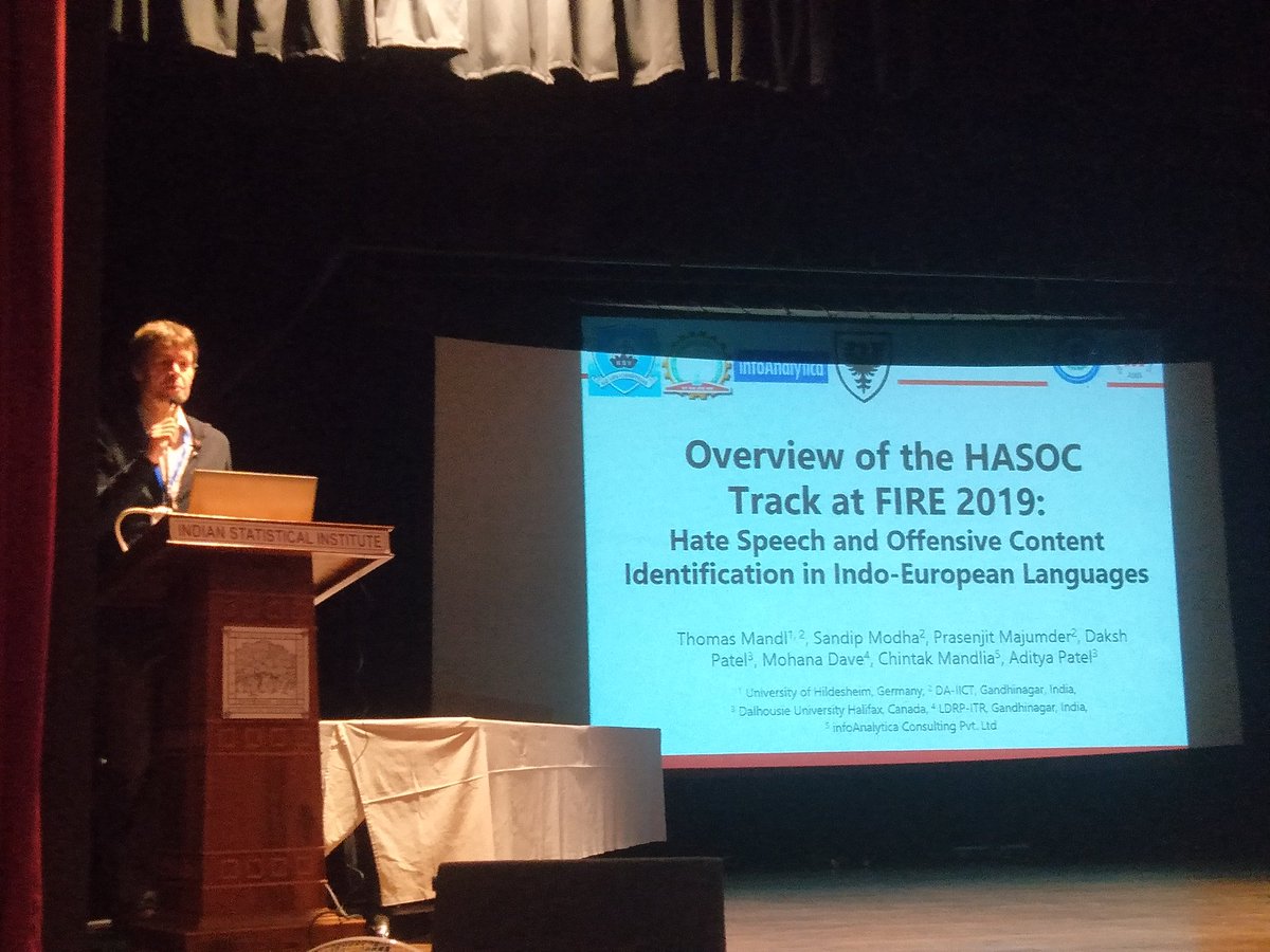 From_sandip's tweet photo. @thmandl delivering HASOC track overview talk at #fire2019. @iFromm https://t.co/Zszgxwu0Lb
