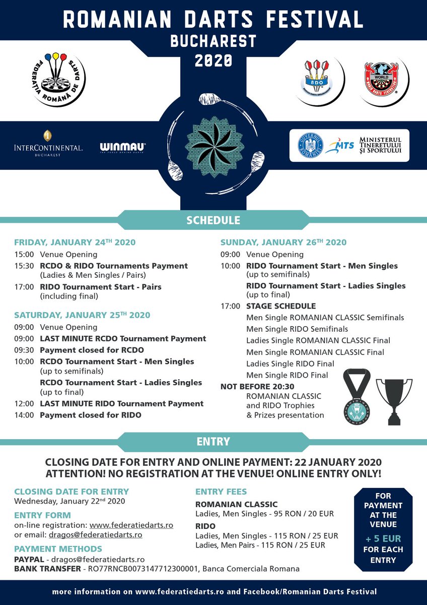 DartsRomanian's tweet photo. Romanian Darts Festival 🇹🇩🏆
24-26 January 2020🏅

Register NOW at https://t.co/ZLQAM0hm9d 🎯

Intercontinental Hotel ⭐️⭐️⭐️⭐️⭐️
Special price for darts players 

JOIN THE FESTIVAL! 
💙💛❤️ https://t.co/uxHqJjGapq