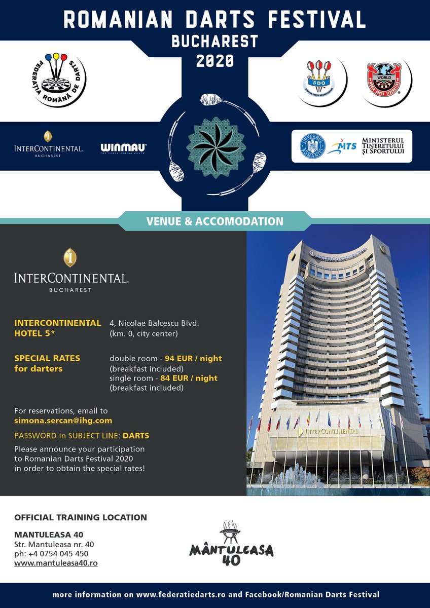 DartsRomanian's tweet photo. Romanian Darts Festival 🇹🇩🏆
24-26 January 2020🏅

Register NOW at https://t.co/ZLQAM0hm9d 🎯

Intercontinental Hotel ⭐️⭐️⭐️⭐️⭐️
Special price for darts players 

JOIN THE FESTIVAL! 
💙💛❤️ https://t.co/uxHqJjGapq