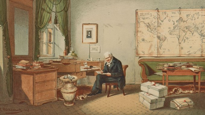 Eduard Hilderbrandt; von Humboldt en su estudio; grabado 1874