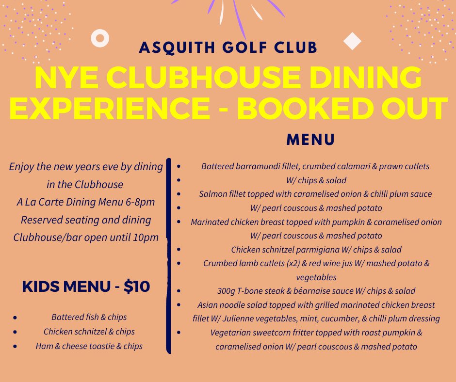 AsquithGolfClub's tweet photo. 18 days till the NYE family fireworks spectacular. Due to overwhelming demand, the clubhouse dining experience has been booked out.

The greens are open to all and we will be providing food and beverage through multiple kiosks serve the large numbers https://t.co/U9iGeuVZHI