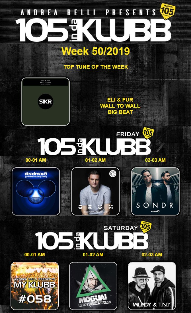 105indaklubb's tweet photo. LINE UP WEEK 50/2019
#TOPTUNE OF THE WEEK
@eliandfur
Wall To Wall
@wearebigbeat
@WARNERMUSICIT
LINE UP DJs
@deadmau5
@grummmusic
#Sondr
@andreabellidj
@moguai
@wladyofficial & #TNY
Label & Mngmt
@mau5trap
@noisehouseinc
@ultrarecords
#WEAREINDAKLUBB
#MYKLUBB
@Radio105 https://t.co/WGfjff1GCC