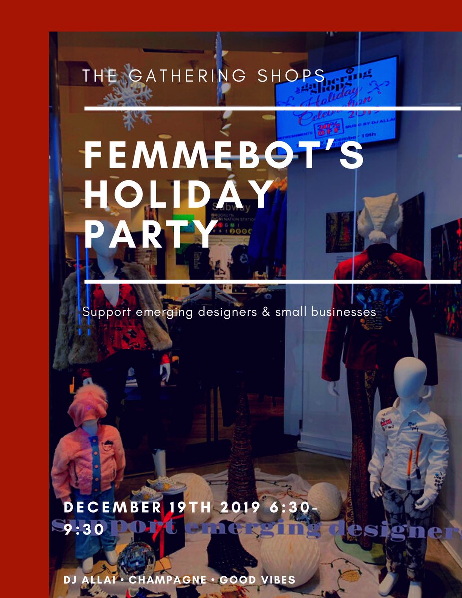 Please join <a href="/femmebotstyle/">Femmebot Clothing</a> <a href="/gatheringshops/">The Gathering Shops</a> <a href="/GSPlaza/">Garden State Plaza</a> for our Holiday Party on Thursday, December 19th. Music by <a href="/djallai/">Allen Lai</a> ,champagne, good vibes &amp; 30% off store wide. #femmebotstyle #holidayparty #support #event #music #ootd #fashion #shopping #wearconfidence #champagne #nj #friend