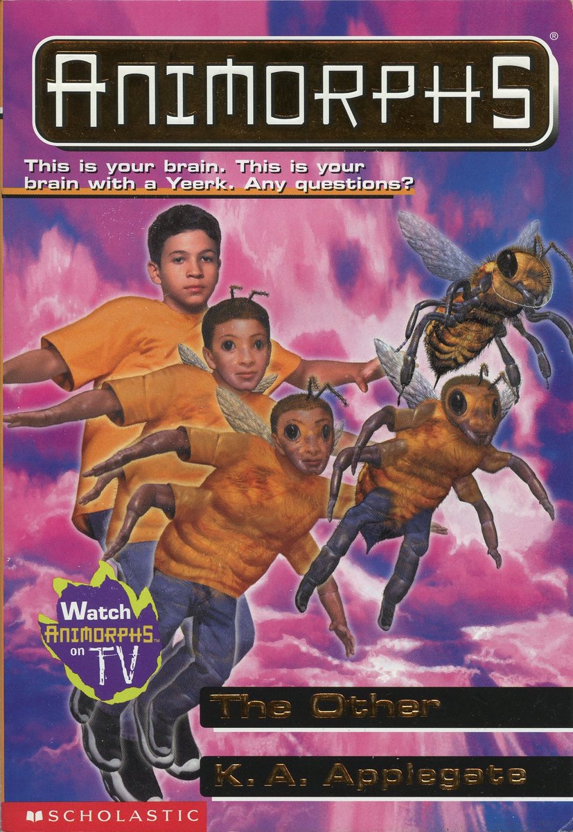  #Animorphs #TheOtherBoy turns into bee & finds sick gay deer alien. Alien's boyfriend is disabled & a prisoner of evil slug aliens. At first he plans to trade teens in for his boyfriend, but teens agree to help him rescue boyfriend. And they do. Deer aliens are horribly ableist