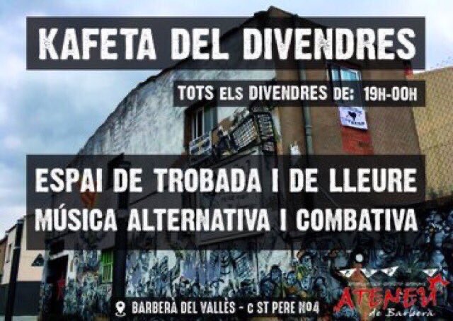 AteneuBarbera's tweet photo. Avui és divendres! i tenim #kafeta a l’Ateneu. 
Aprofita també per adquirir o recollir el teu tiquet pel concert solidari d’@Antifa_14D amb @AlertaSolidaria d demà dissabte a la #LaNau d #BarberàDelVallès https://t.co/h39mByWUlc