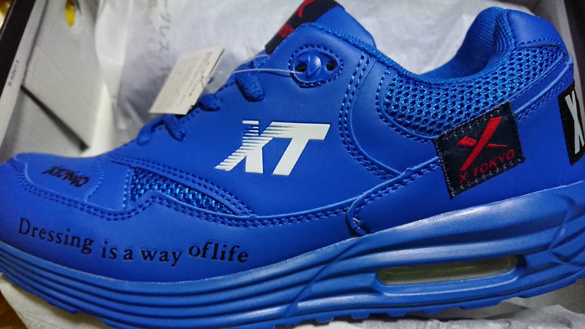 赤い彗星 昨日ドン キホーテで買った2900円のスニーカー そのブランド名はx Tokyoとかw だが会社は名古屋 靴は軽い Air付いてるけど飾りかも知らん 四枚目と迷ったが 青が良かったら買う しかし 四枚目new Balanceにnikeのairを足したキメラ感溢れる