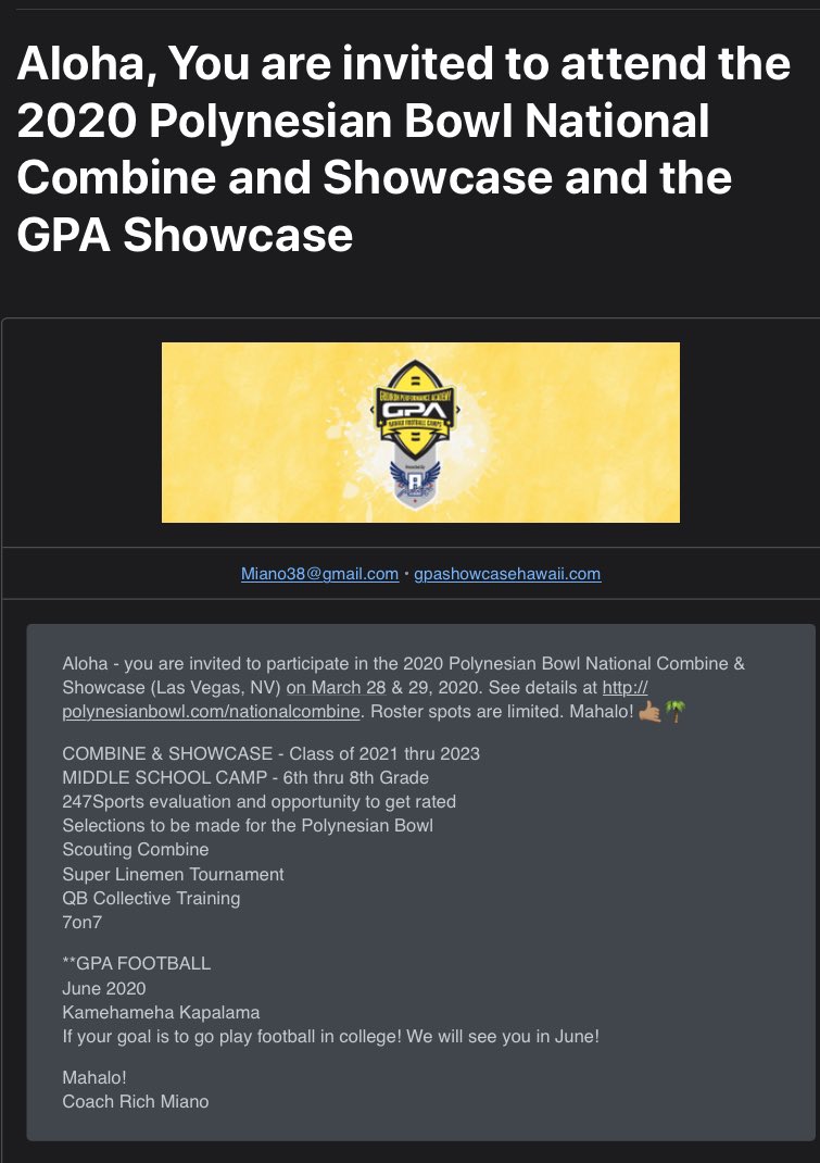JiovanniTafisi's tweet photo. Blessed and grateful to be invited to the showcase @polynesiabowl @PolynesianFBHOF I’ll see you there 🤙🏽 and thank you for the opportunity #GODFIDENCE https://t.co/B1rK4n2vmv