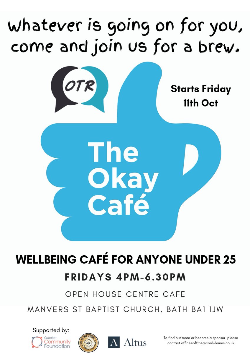 Have you heard about Off The Records 'The Okay Café'? It's a wellbeing café for anyone under 25 and is a safe space to enjoy reasonably priced hot/cold drinks and snacks . Anyone under 25 who would like support with their mental wellbeing is welcome to drop in.