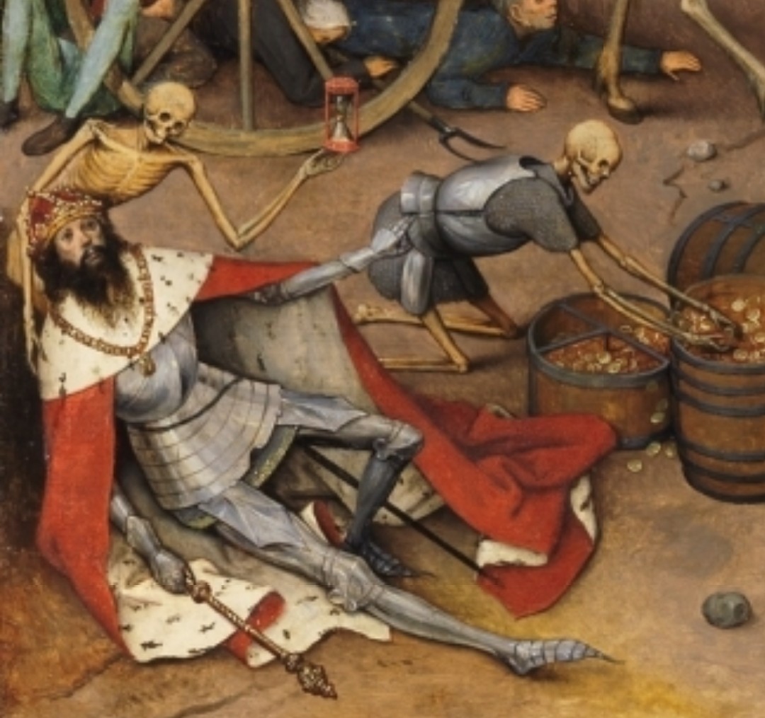 y la destrucción que la acompaña. La herencia del Bosco envuelva la tabla, en la que el Apocalipsis se cierne sobre ricos y pobres, mujeres, hombres, niños... No hay una figura que sobresalga. Como la muerte iguala, todas las figuras y escenas importan y son en la misma medida