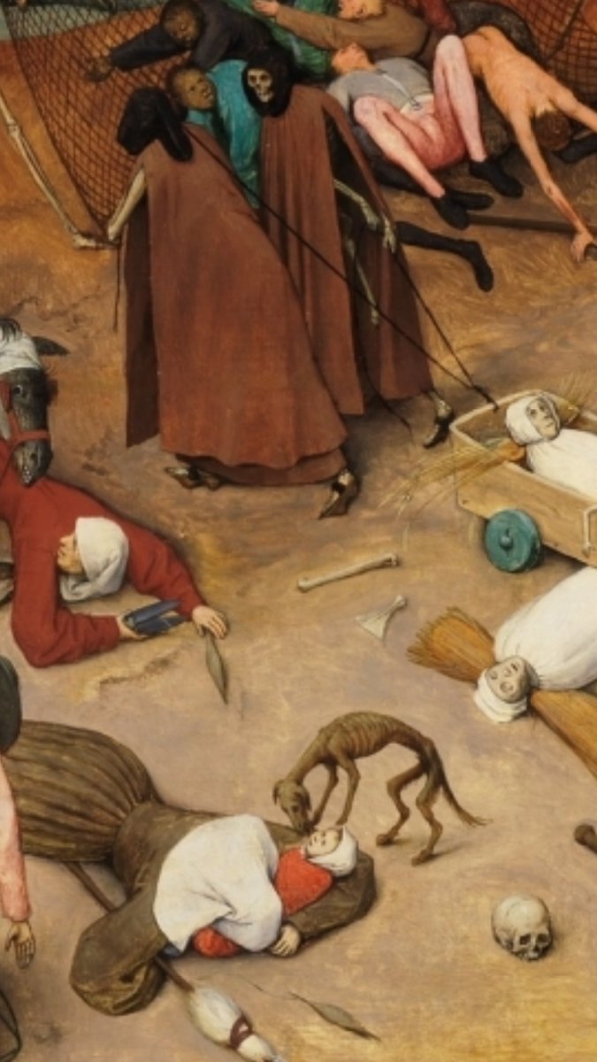 y la destrucción que la acompaña. La herencia del Bosco envuelva la tabla, en la que el Apocalipsis se cierne sobre ricos y pobres, mujeres, hombres, niños... No hay una figura que sobresalga. Como la muerte iguala, todas las figuras y escenas importan y son en la misma medida