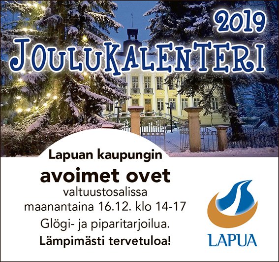 LKaupunki's tweet photo. Tervetuloa Lapuan kaupungin #avoimet #ovet -tilaisuuteen maanantaina 16.12. klo 14-17. Tarjolla glögiä, pipareita ja mukavaa juttuseuraa. #hyviäuutisialapualta #parastaasukkaille https://t.co/7Pfv5aSwmP