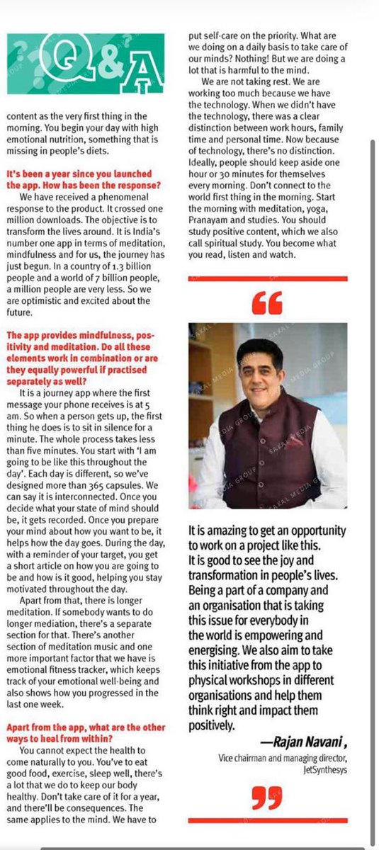 JetSynthesys's tweet image. Interaction of JetSynthesys CEO @NavaniRajan &amp;amp; Sister @bkshivani on @sakaltimes on the one year anniversary of #ThinkRight.Me, in which Sister Shivani explains the causes &amp;amp; cures for mental health issues. 
Read the entire article at: sakaltimes.com/art-culture/%E…