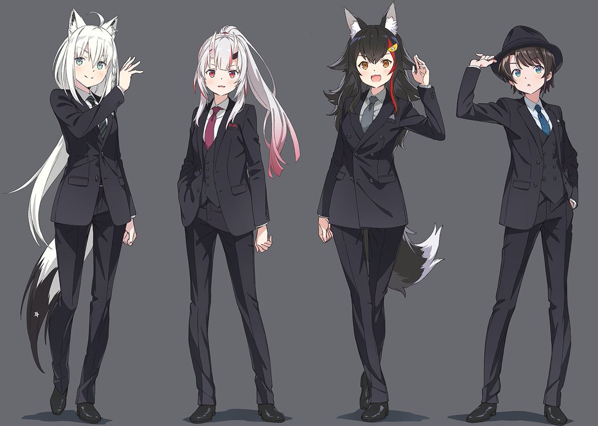 nakiri ayame ,ookami mio ,oozora subaru ,shirakami fubuki multiple girls necktie wolf ears 4girls animal ears suit formal  illustration images