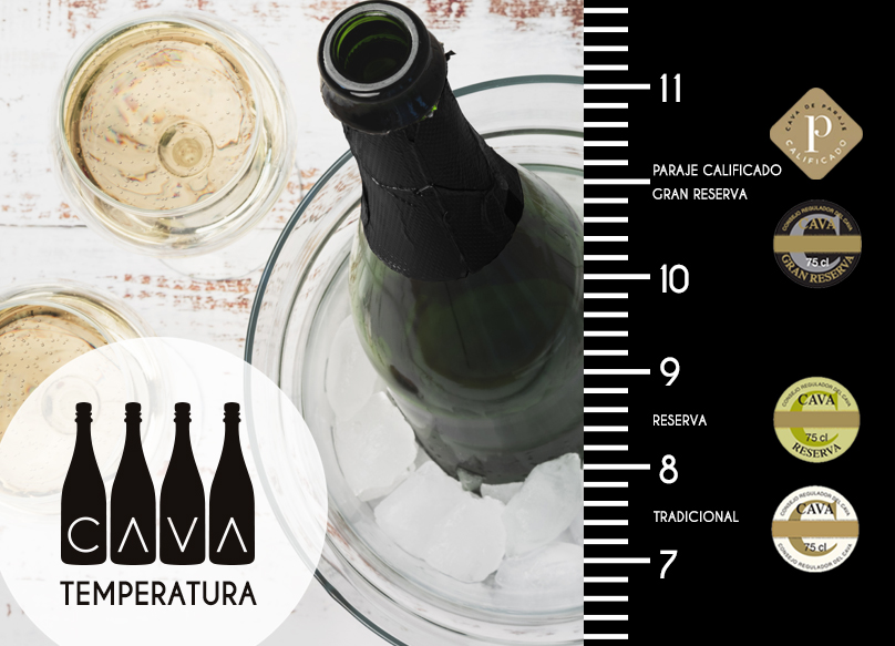 El #cava debe disfrutarse como a ti más te guste. Aún así, te recomendamos servirlo a una temperatura superior a 6°. ¿Sabías que dependiendo del tiempo de crianza es recomendable una temperatura distinta? Aquí te dejamos una pequeña guía:
