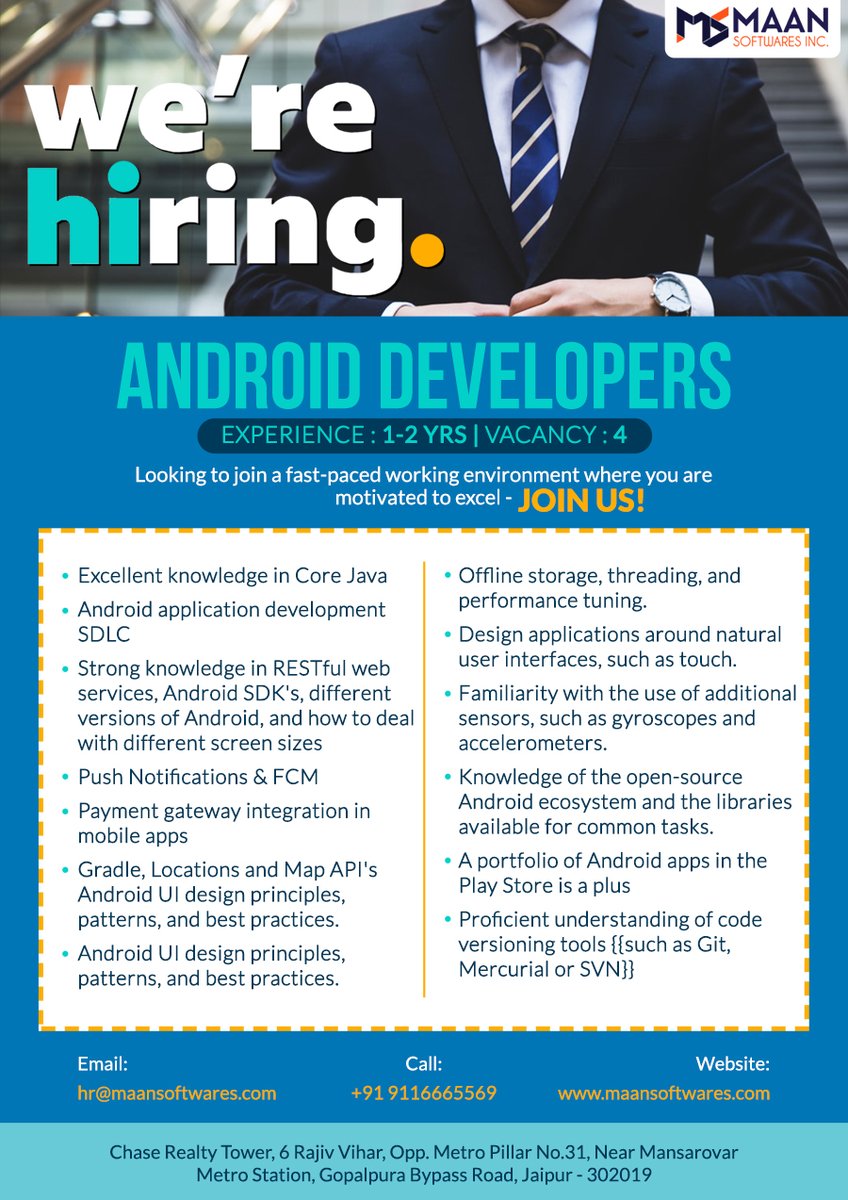 Maan Softwares INC. (@maansoftwares) on Twitter photo Hello Folks,
We are #Hiring Android Developers
Experience- 1-2 Years
Vacancy- 4
Email- hr@maansoftwares.com
Contact- 9116665569
Website- lnkd.in/emFvirz
#androiddevelopers #job #vacancy #android #mobiledeveloper #vacancyinjaipur #jobsinjaipur #ITJobs Hello Folks,
We are #Hiring Android Developers
Experience- 1-2 Years
Vacancy- 4
Email- hr@maansoftwares.com
Contact- 9116665569
Website- lnkd.in/emFvirz
#androiddevelopers #job #vacancy #android #mobiledeveloper #vacancyinjaipur #jobsinjaipur #ITJobs