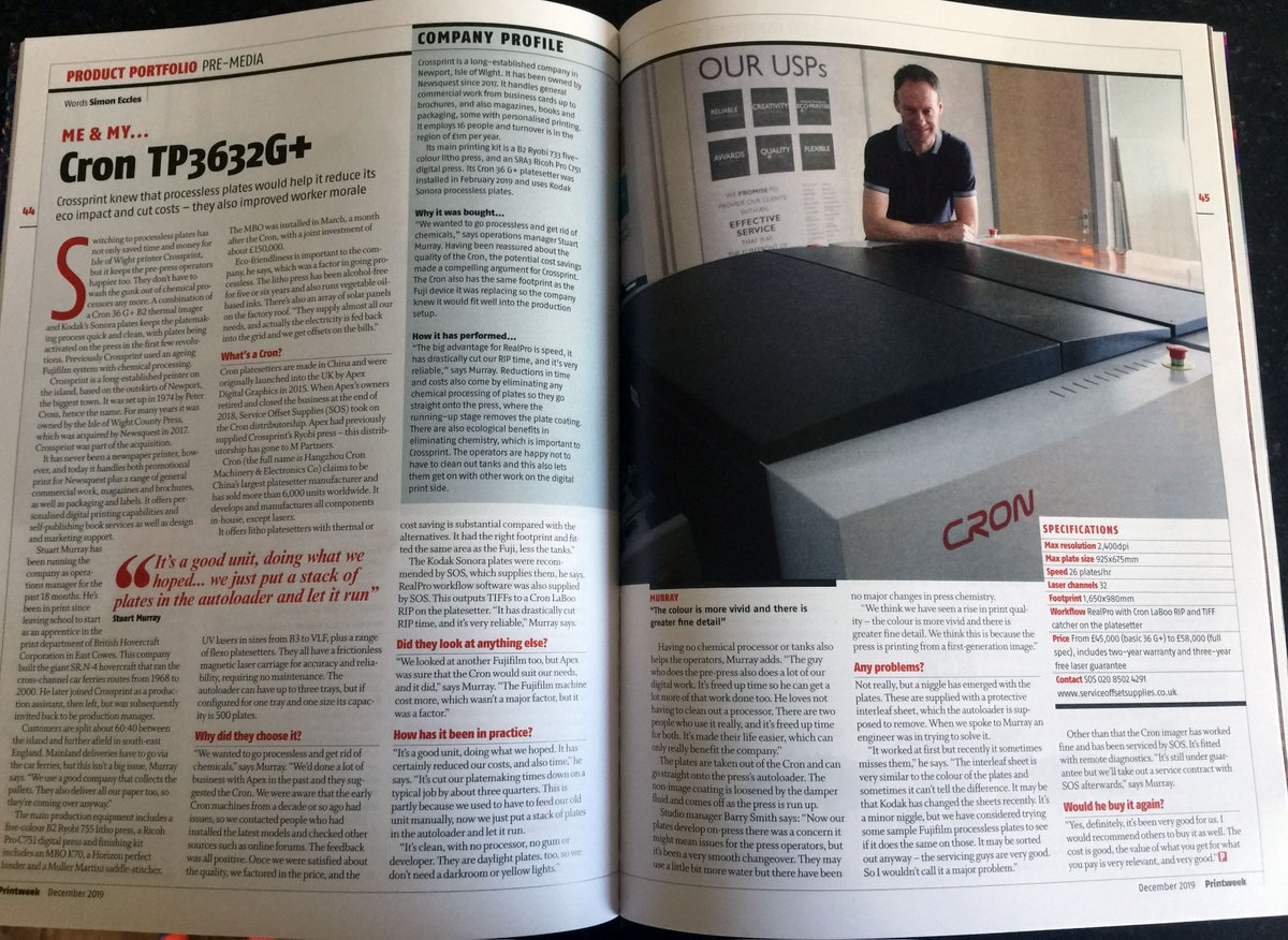 Read all about it! Our customer <a href="/CrossprintLtd/">Crossprint</a> talks about their Cron CTP system in this month’s <a href="/printweek/">Printweek</a> (pages 44 &amp; 45).