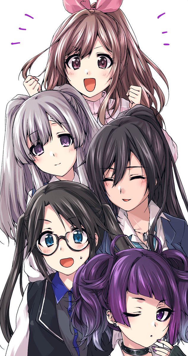 shirase sakuya ,tanaka mamimi ,tsukioka kogane ,yukoku kiriko diagonal bangs multiple girls 5girls twintails glasses purple eyes brown hair  illustration images