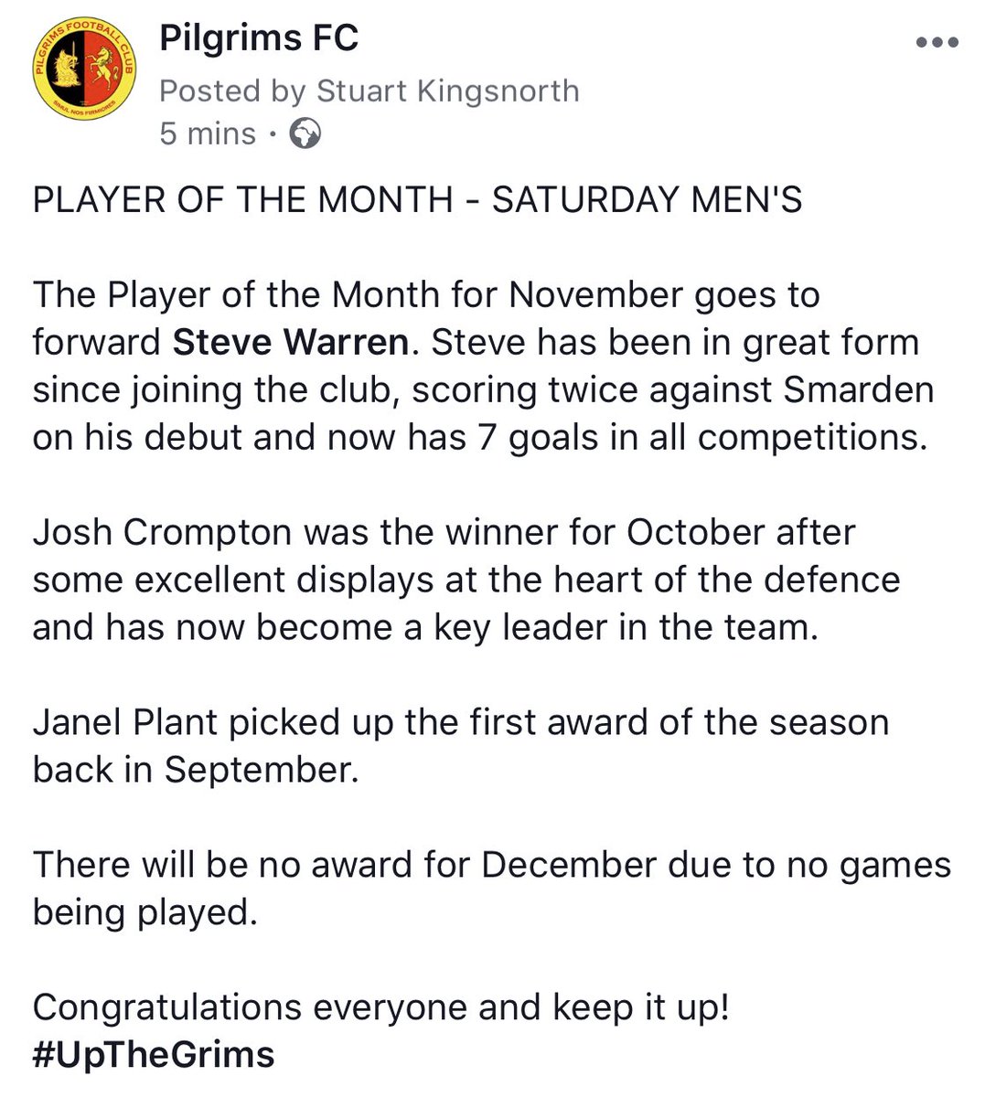 PilgrimsFC's tweet photo. #playerofthemonth #September #October #november #stevewarren #joshcrompton #janelplant #pilgrimsfc #upthegrims #ashford #kent #football https://t.co/J0NtOFYC4q