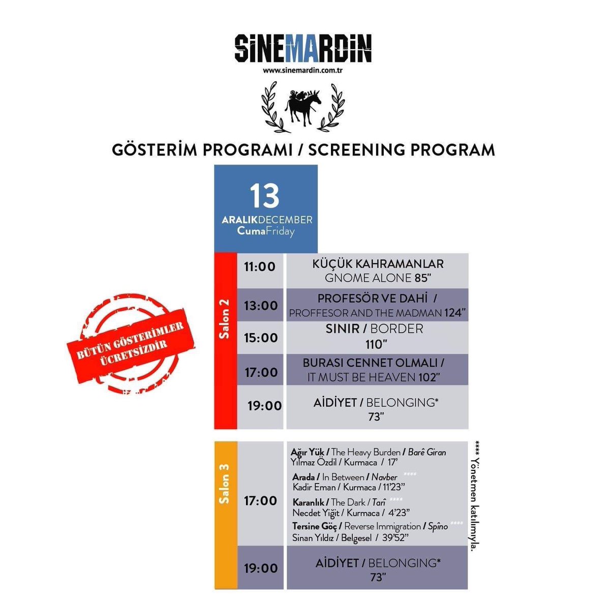 13.SineMardin Film Festivali bugün sona eriyor. Festivalde Salon 3 17.00 seansında yoğun istek üzerine Mardin Kısa Filmleri tekrar izleyicilerle buluşuyor.