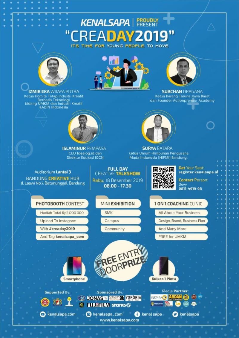 [CREADAY 2019 ]
Its Time For Young People To Move
Kenalsapa dengan bangga mempersembahkan 🎉 CREADAY 2019 dengan tema " Creativepreneur" sebagai rangkaian dari CREADAY 2019 Selain itu kami juga mengadakan Mini Exhibition yang tak kalah menarik !!🎉