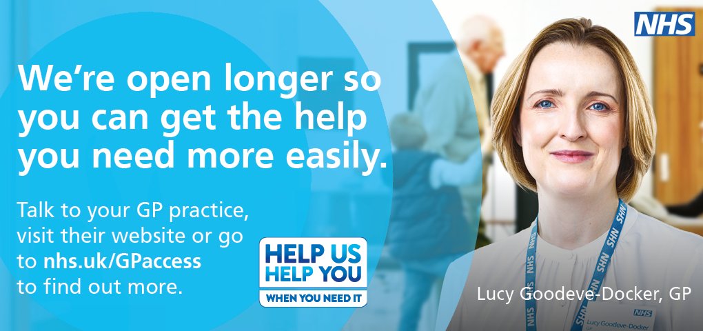 We're open longer so you can get the help you need more easily. Talk to your GP practice, visit their website or go to NHS.uk/GPAccess to find out more.