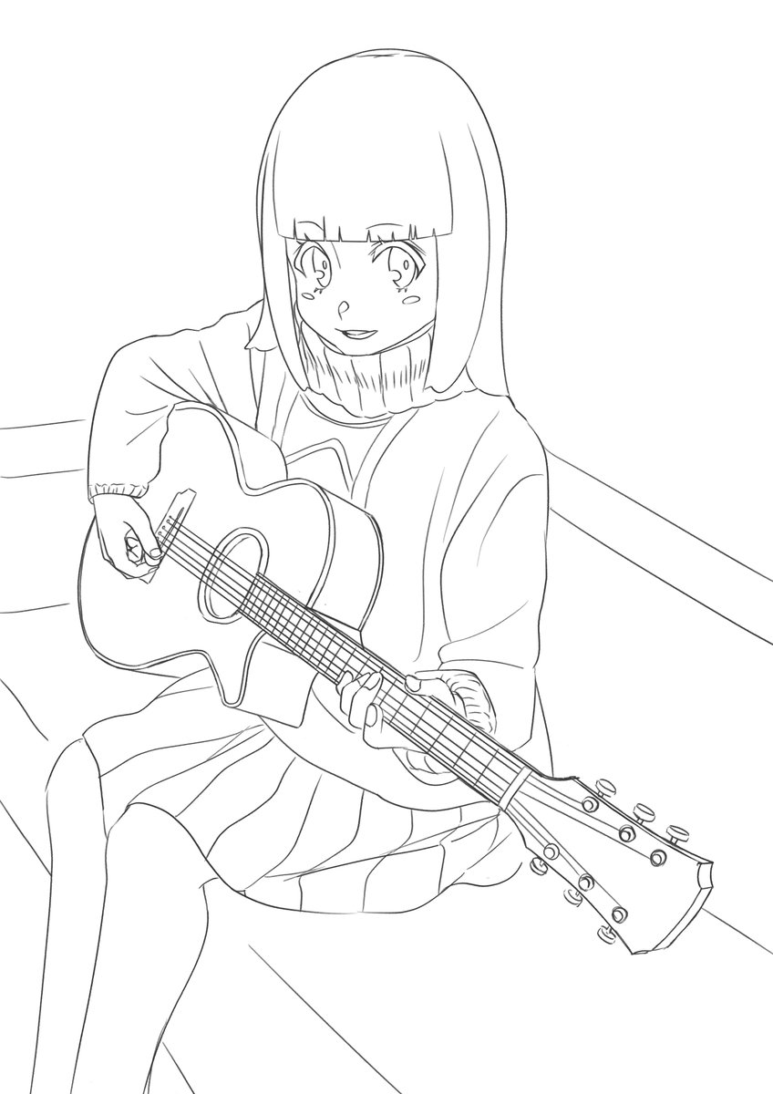 線画 ギターを弾く女の子 オリジナルイラスト ののの漫画