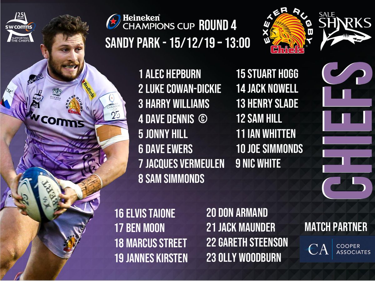 📢 - TEAM NEWS: Here is the <a href="/ExeterChiefs/">Exeter Chiefs</a> side to face <a href="/SaleSharksRugby/">Sale Sharks 🦈</a> in Rd 4 of the <a href="/ChampionsCup/">Investec Champions Cup</a> at <a href="/SandyParkExeter/">Sandy Park Exeter</a> on Sunday (1pm) ⬇️

exeterchiefs.co.uk/news/chiefs-si…

#EXEvSAL

Match Sponsor: <a href="/CooperAssociate/">Cooper Associates</a>