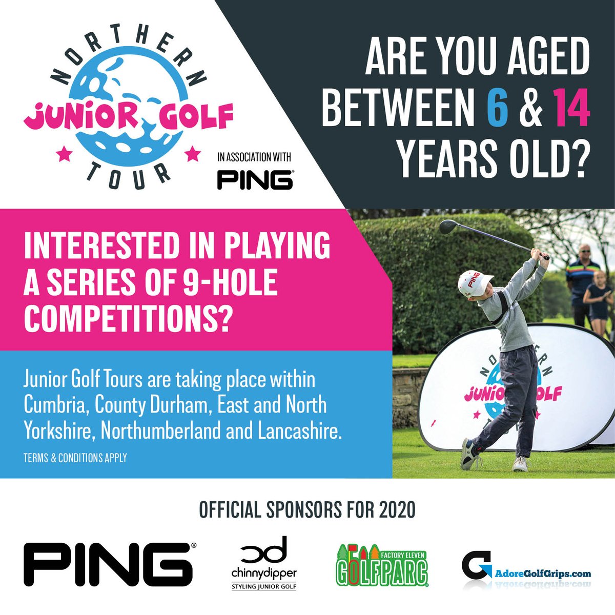The Northern Junior Golf Tour is running events across 30 clubs within the following areas: 

County Durham (Sold Out)
Cumbria
East Yorkshire
Lancashire
Northumberland 
North Yorkshire

Check out our website for further details - northernjuniorgolftour.co.uk
